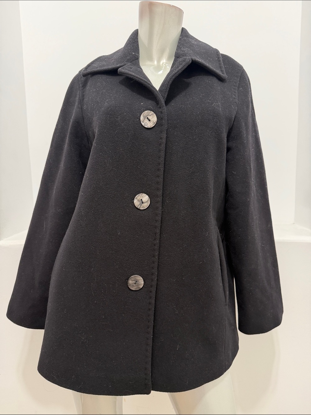 VINCI Italy Womens Black Wool Cashmere Swing Coat Size 40 A Line 3 Button
